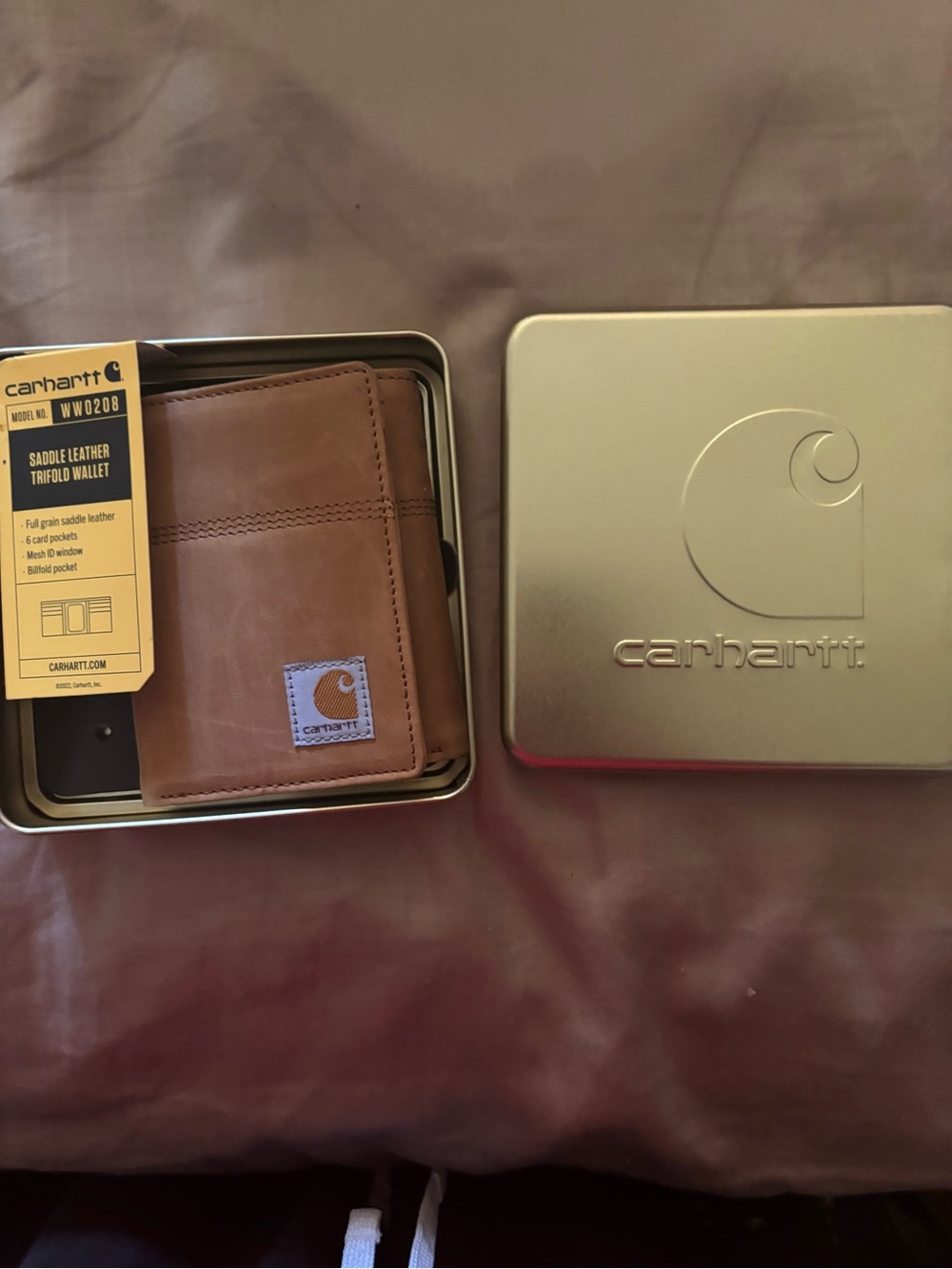 Carhartt Brown Saddle Leather Trifold Wallet with Tin